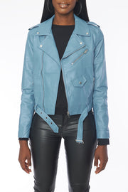 Blue "Hello Moto" Faux Leather Jacket
